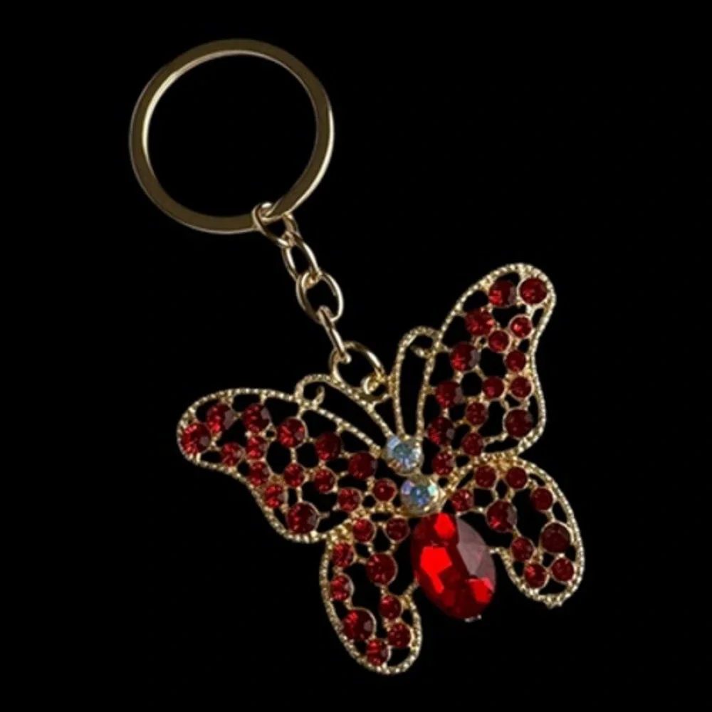 Women's Gold Red Butterfly Key Chain Rhinestone Charm Sparkly Bling